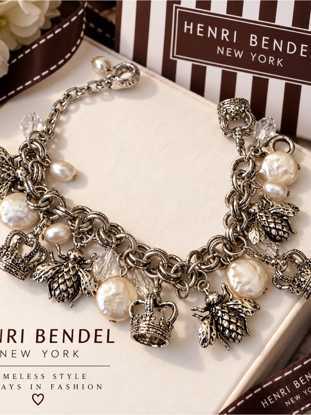 Henri Bendel Silver Pearl Charm Bracelet - White Pearls